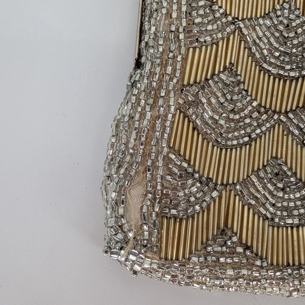 VTG Beaded Evening Bag Small Gold Silver Art Deco Kiss Lock Clutch Formal Glam